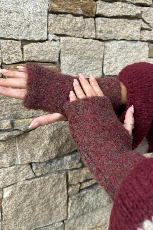 Boucle Fingerless Gloves Burgundy Melange